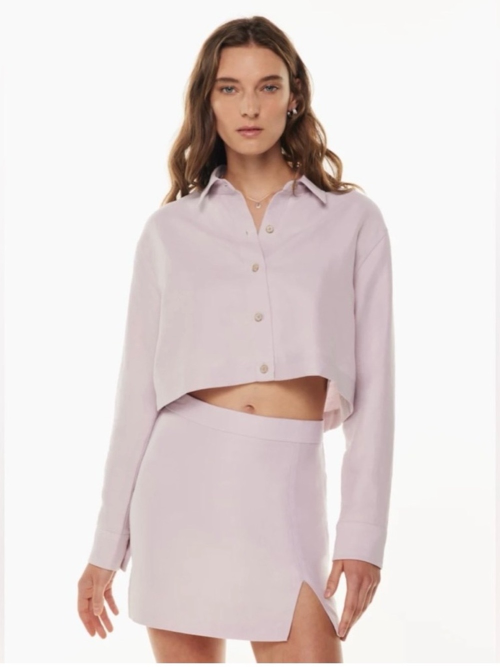 Aritzia Wilfred Cropped Lilac Button-Front Shirt with Matching Skirt set